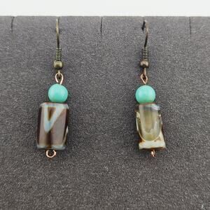 Cylinder Beaded Dangle Drop Earrings Brown Blue Tribal Boho Granola Girl Artsy